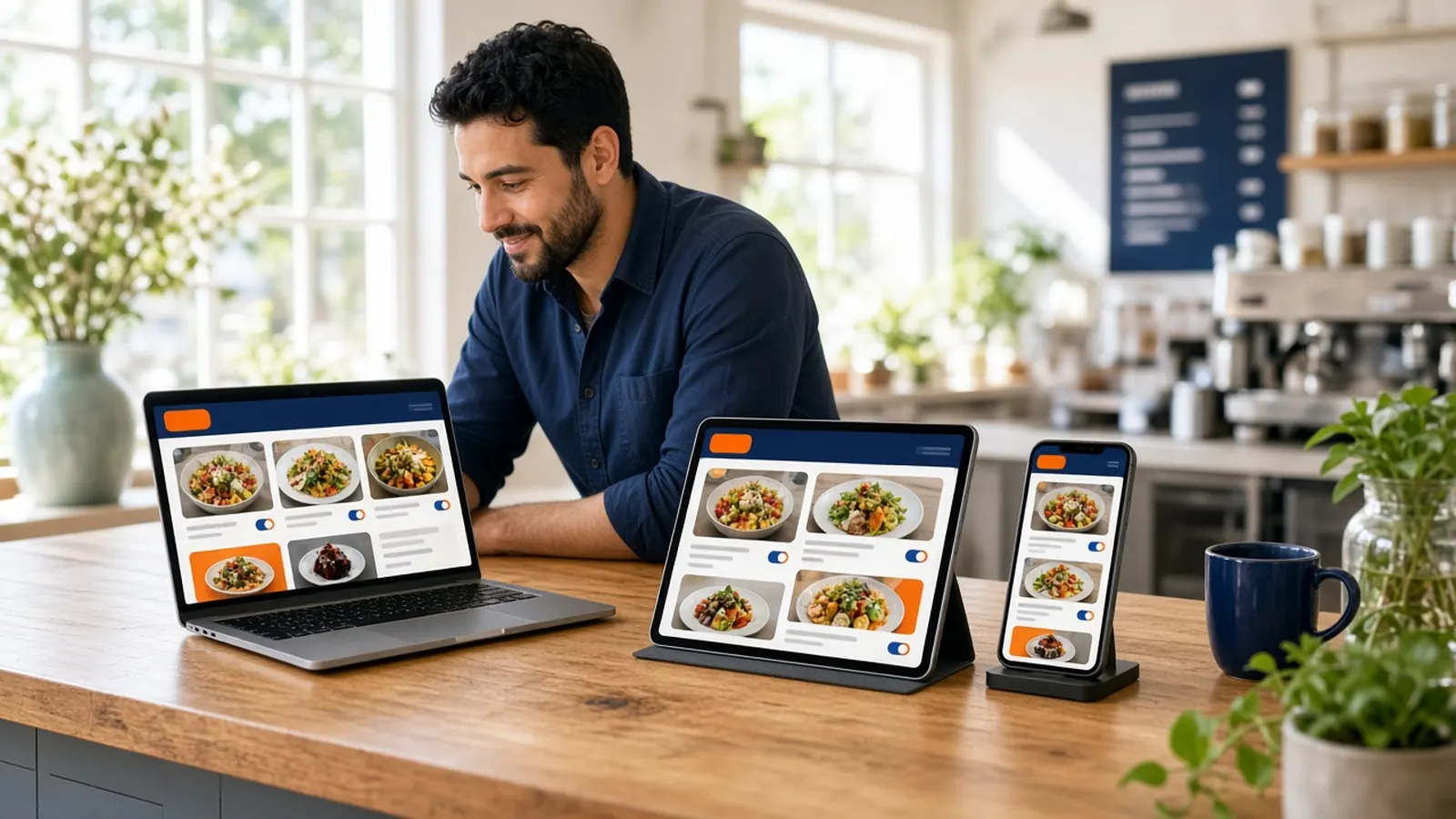 Cafe owner viewing the same menu on laptop, tablet and phone with restaurant menu management software