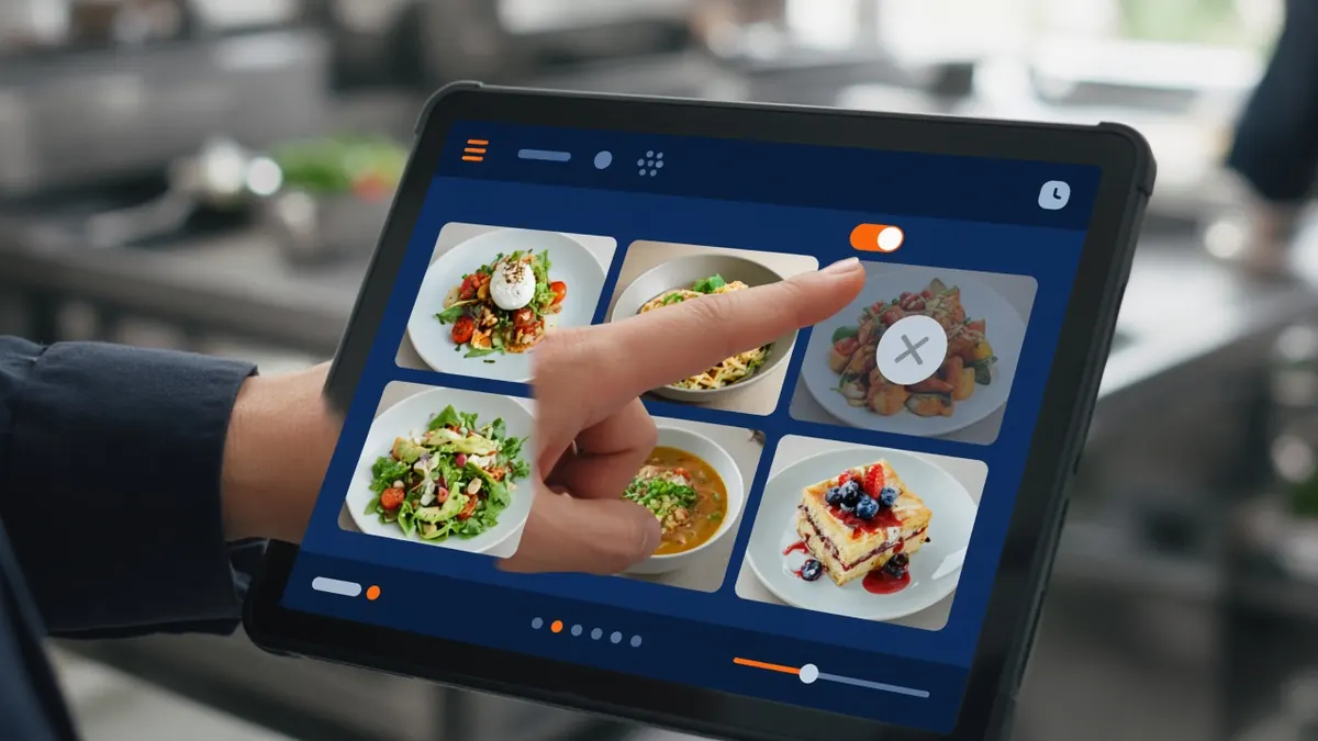 Chef marking a dish unavailable on a tablet using restaurant menu management software