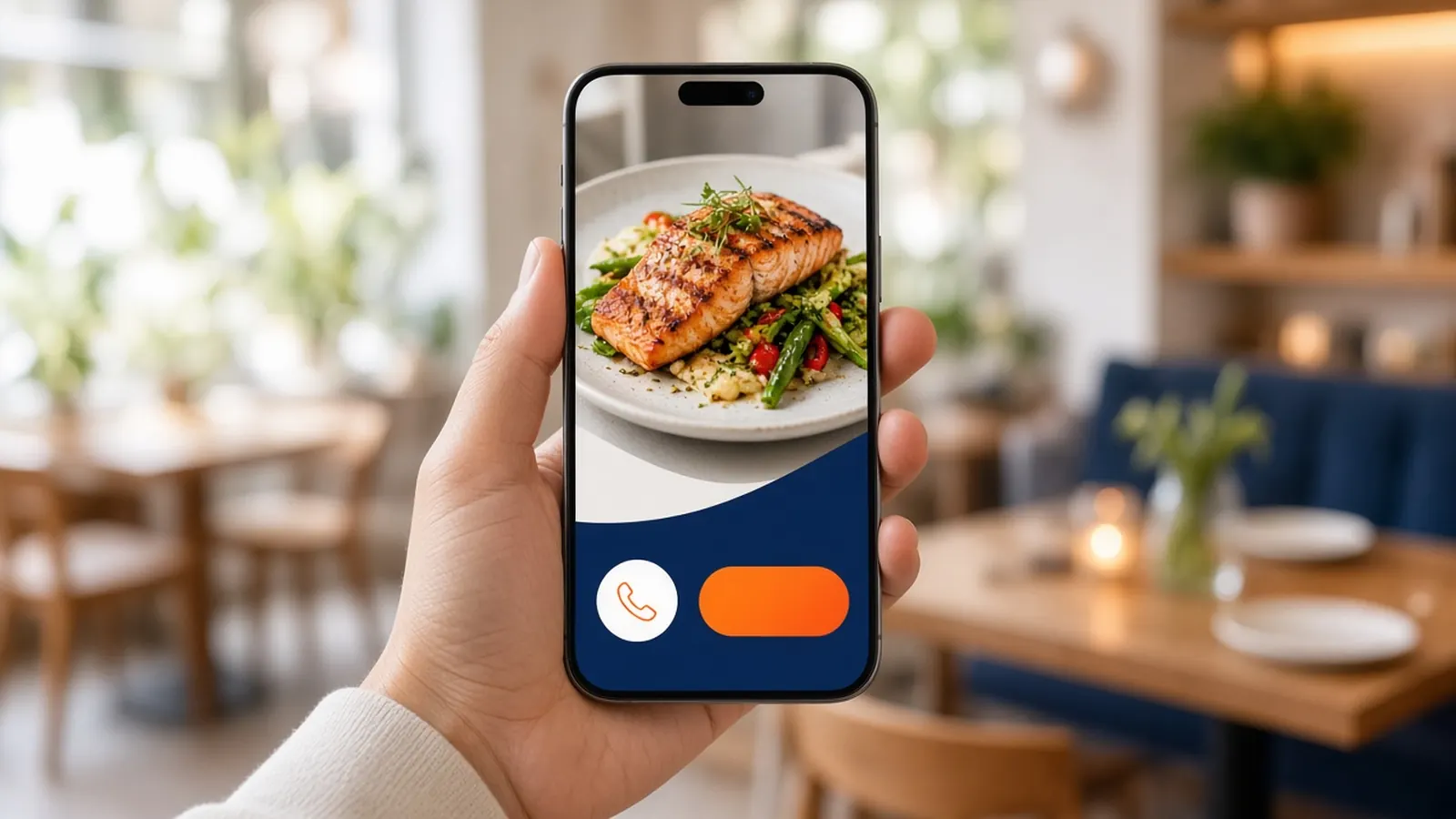 Hand holding a phone showing a restaurant mobile website with a food photo, call button and order button