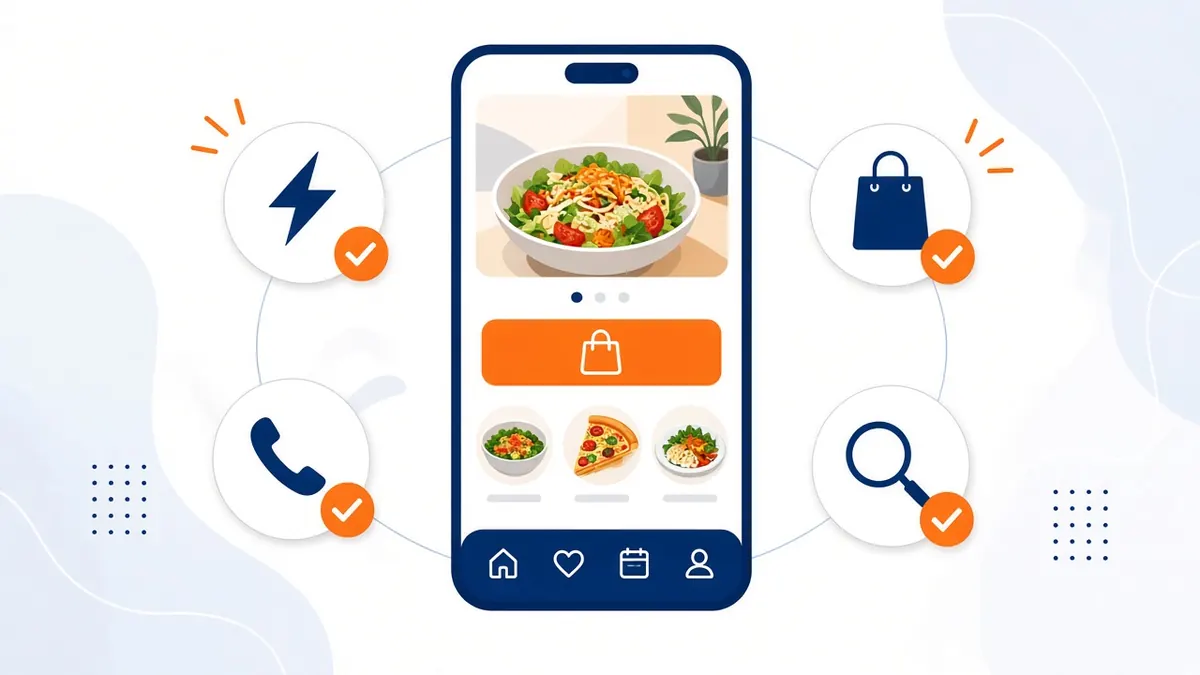 Illustration of a restaurant mobile website checklist with speed, tap to call, ordering and search icons