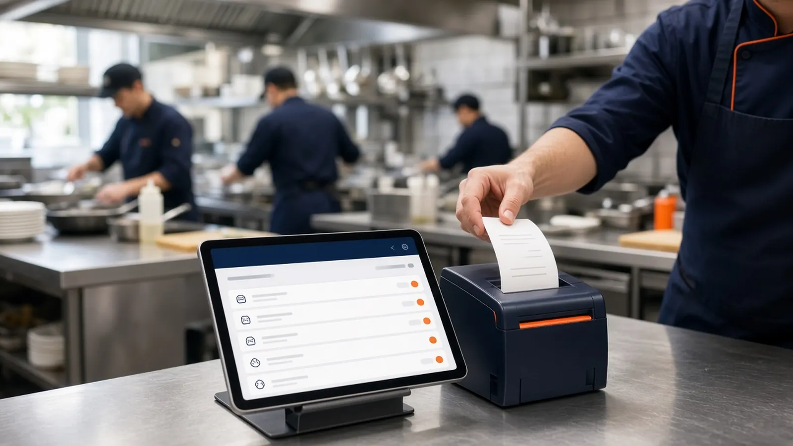 Kitchen tablet showing incoming orders beside a receipt printer, a restaurant order taking app in action
