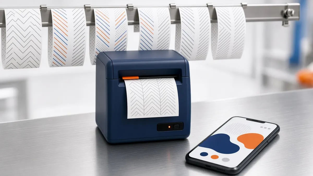 Kitchen receipt printer and ticket rail paired with a phone running a restaurant order taking app