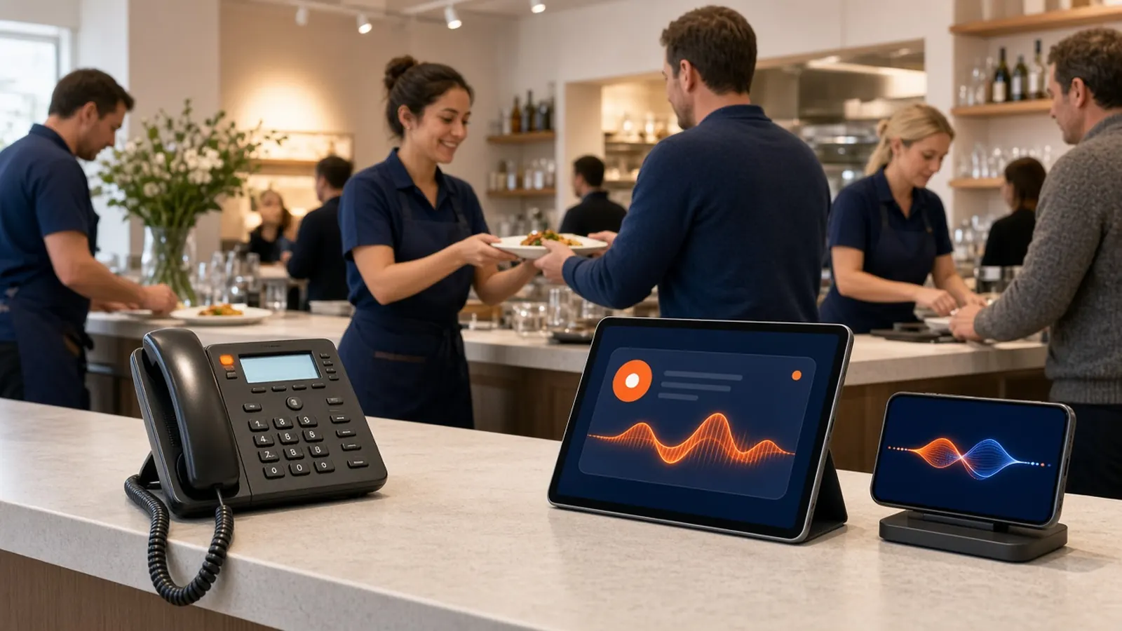 Busy restaurant counter with a phone and tablet taking calls through a restaurant phone ordering system