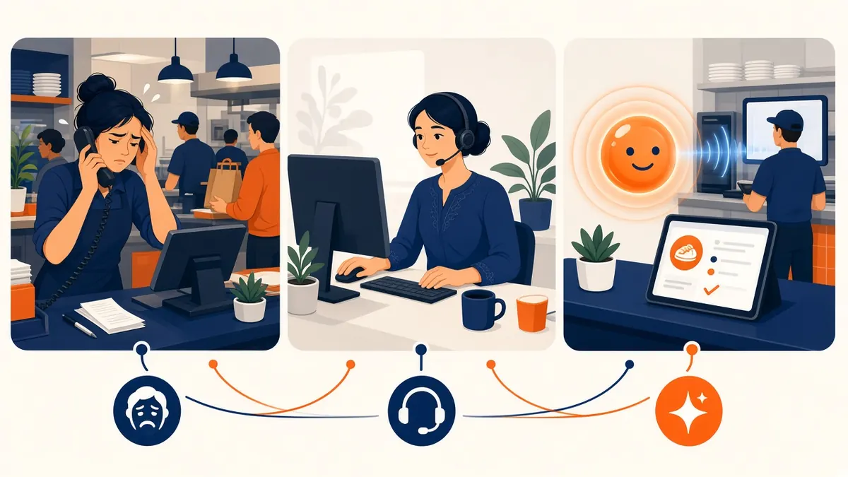 Illustration comparing staff, a call center and an AI agent as a restaurant phone ordering system