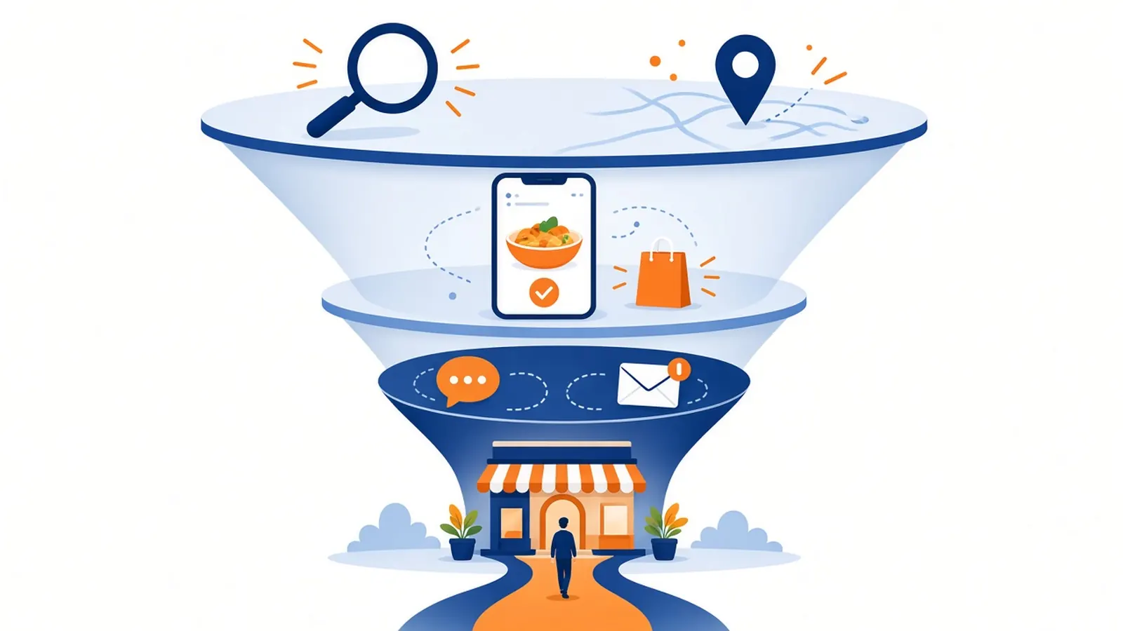 Funnel illustration from search to first order to repeat visit, mapping a restaurant sales funnel