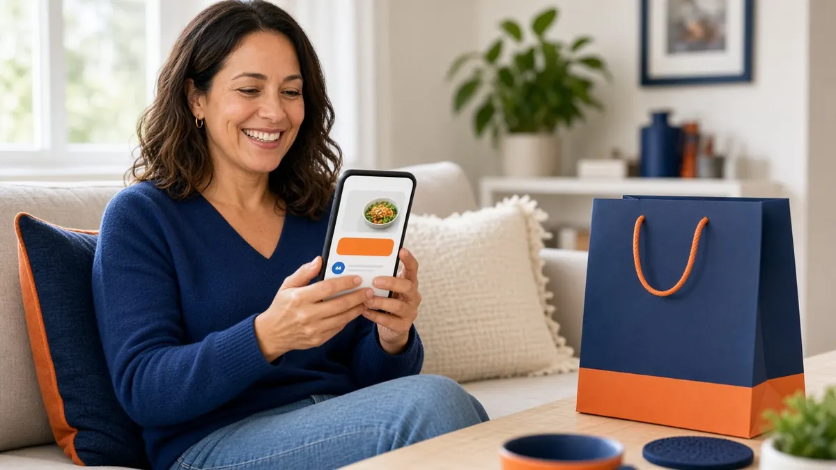 Repeat guest at home opening a text offer from a local restaurant, the last step of a restaurant sales funnel