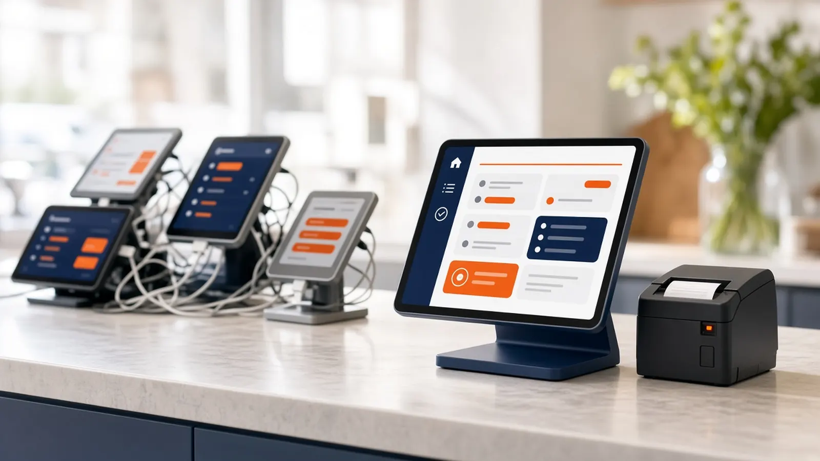 One clean tablet and receipt printer replacing a tangle of devices for restaurant tablet ordering