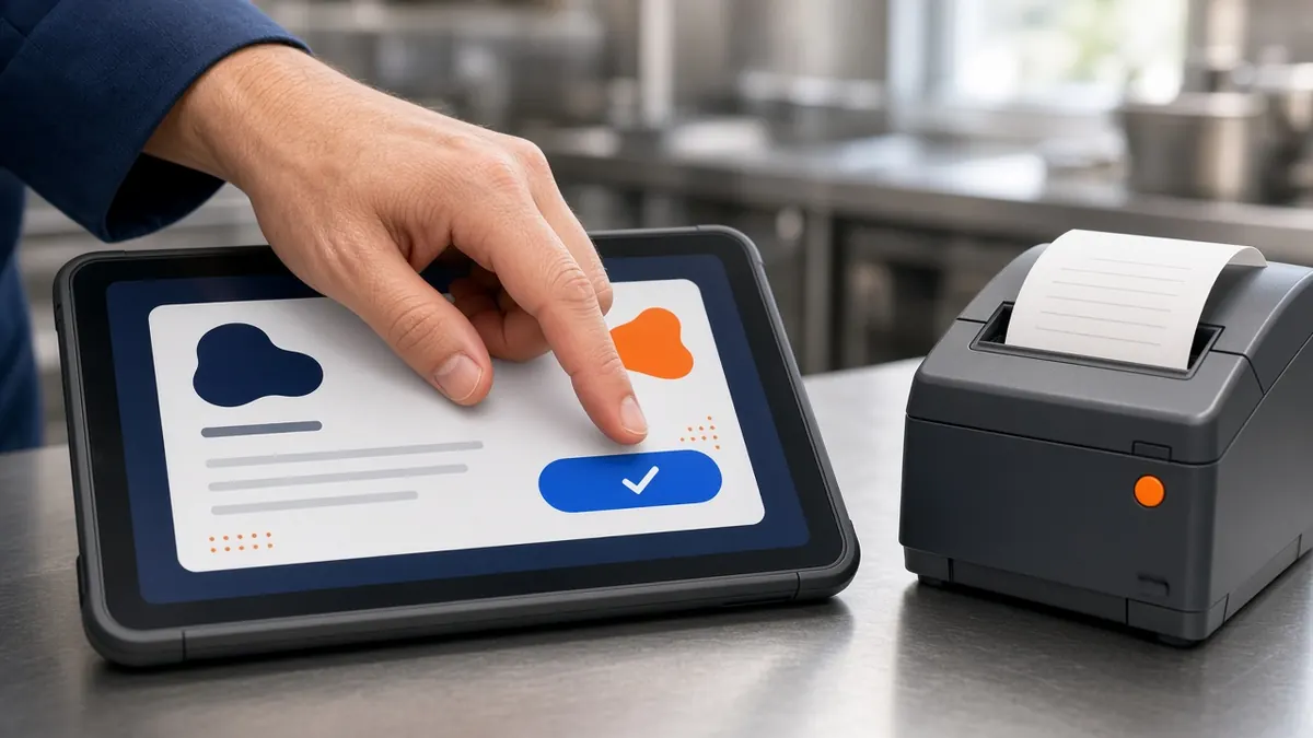 Cook accepting an order on a single tablet as the printer prints the ticket, simple restaurant tablet ordering