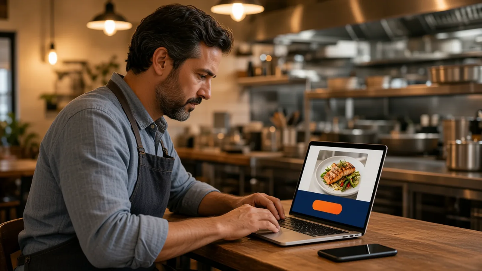 Restaurant owner at a kitchen-side desk reviewing a branded ordering site on a laptop, the practical result of a restaurant website builder