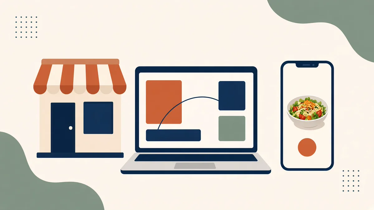 Illustration of a restaurant storefront, a laptop scanning a menu, and a phone order screen for a restaurant website builder