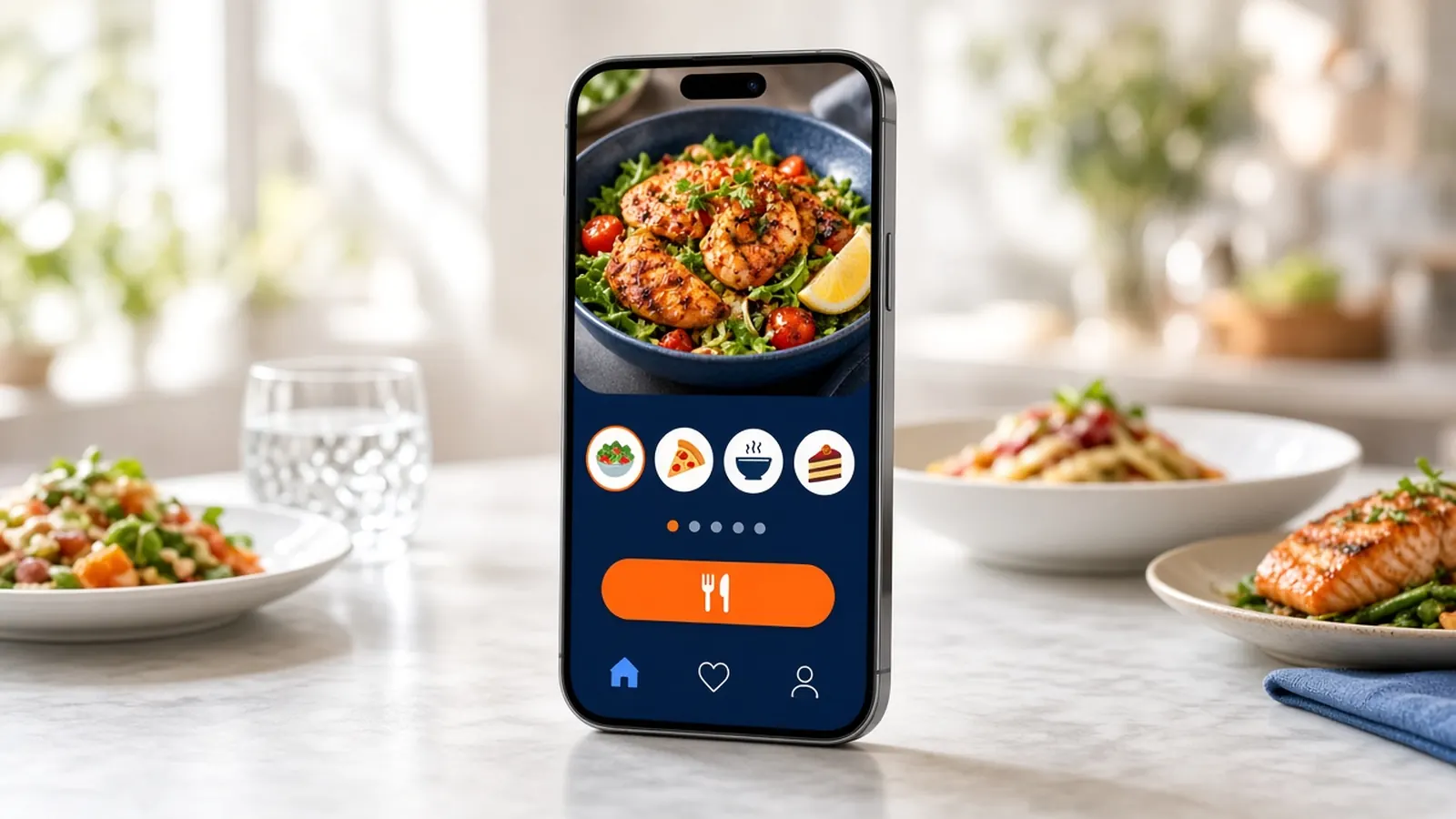 Smartphone on a restaurant table showing a white label restaurant app with food photos and an order button
