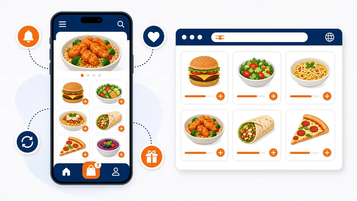 Illustration of a white label restaurant app with push alerts, favorites, reorder and rewards beside a web storefront